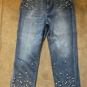 Karl Lagerfeld Blue Denim Straight-Leg Jeans with Pearl Embellishments